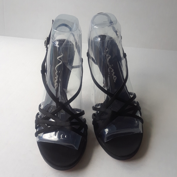 Nina Shoes - Black satin strapy heels.